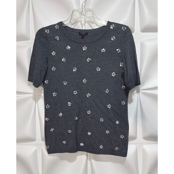 Talbots Sz PP PXS Gray Beaded Sequin Floral Short Sleeve Sweater Knit Blouse Top - Picture 6 of 7